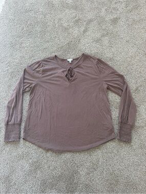 Lucky Brand Womens M Top Brown Keyhole Tie Long Sleeve Smocked Cuffs